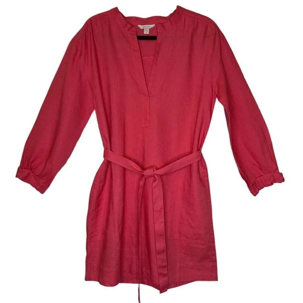 Garnet Hill Shirt Dress Pink Linen Three Quarter Sleeve Coastal Size 10